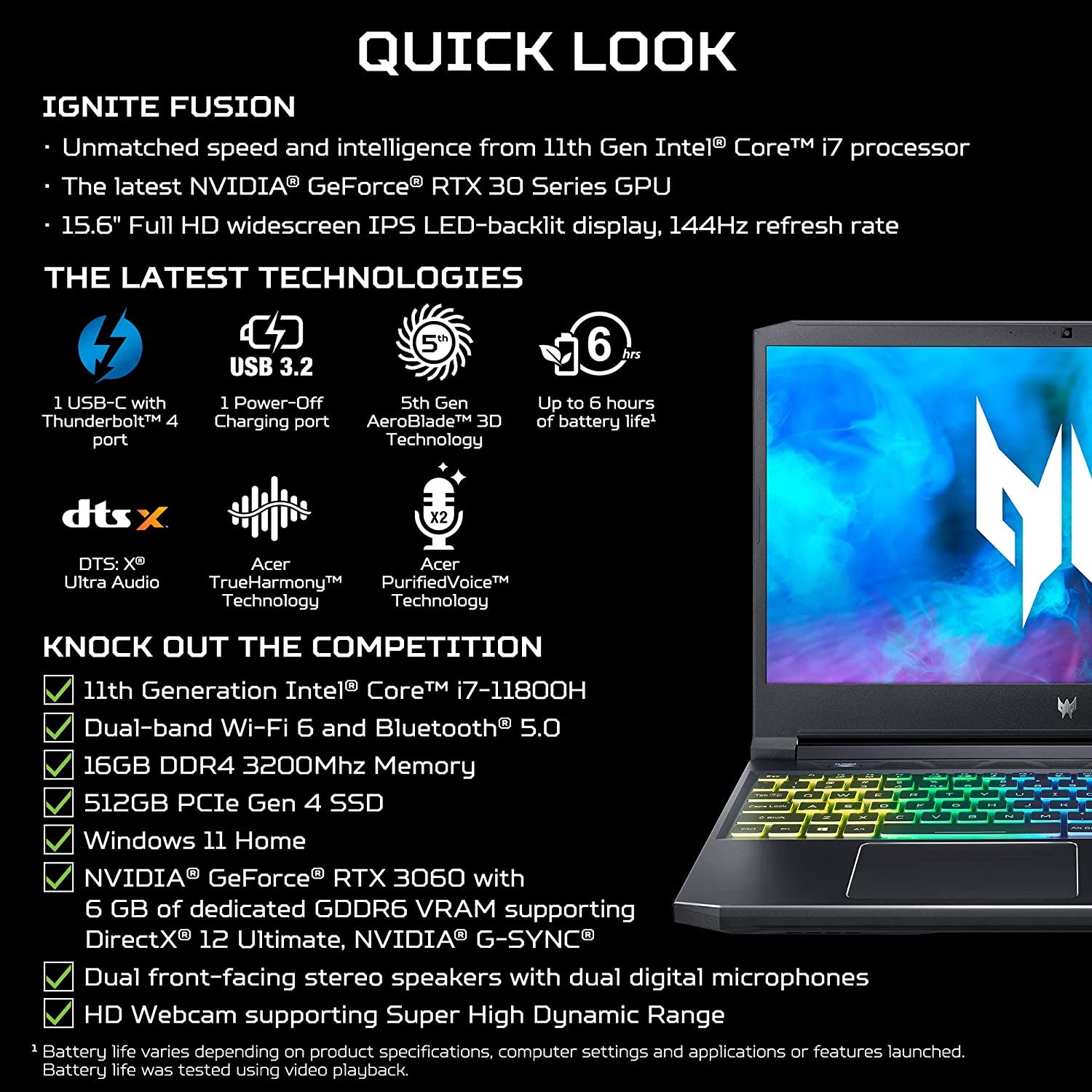 Acer Predator Helios 300 PH315-54-760S Gaming Laptop | Intel i7-11800H | NVIDIA GeForce RTX 3060 Laptop GPU | 15.6" Full HD 144Hz 3ms IPS Display | 16GB DDR4 | 512GB SSD | Killer WiFi 6 | RGB Keyboard