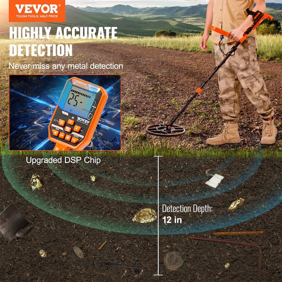 VEVOR - Waterproof Metal Detector, 12" Coil, Professional Rechargeable Gold Detector, 39-50 in Adjustable - Black; Orange