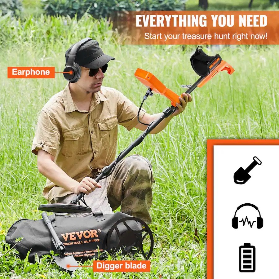 VEVOR - Waterproof Metal Detector, 12" Coil, Professional Rechargeable Gold Detector, 39-50 in Adjustable - Black; Orange